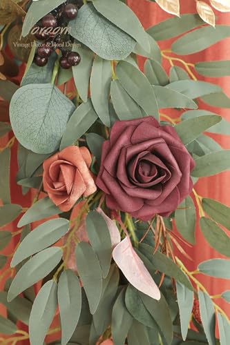 Silky Flower Store Artificial Eucalyptus Garland with Flowers, Burnt Orange Terracotta Faux Floral Table Runner, 6ft 5 5 Product: Floroom 6ft Artificial Eucalyptus Garland with Flowers Fake Greenery Burnt Orange Faux Floral Vine Garland for Table Decor Wedding Centerpieces Bridal Shower Party Decorations, Terracotta