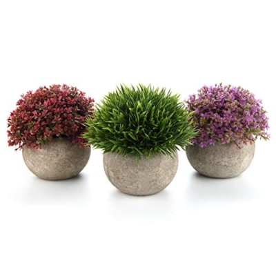 Product: T4U Mini Artificial Plants in Grey Pot, Plastic Fake Green Colorful Flower Topiary Shrubs for Home Office Wedding Decoration Set of 3