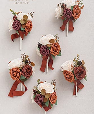 Silky Flower Store Burnt Orange Wedding Centerpiece Flowers, Mini Bridesmaid Bouquets Set of 6, Faux Floral Arrangements 8.5in x 6in 11 11 Product: Ling's Moment Burnt Orange Wedding Centerpieces Flowers Mini Bridesmaid Bouquets Set of 6 Terracotta Table Decor Pre-Made Small Floral Fall Wedding Decorations