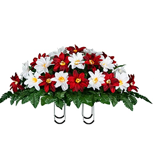 Silky Flower Store Sympathy Silks Artificial Cemetery Flowers, Realistic Outdoor Grave Decorations, Deep Red White Dahlia Saddle 32.5cm 2 2 Product: Sympathy Silks Artificial Cemetery Flowers - Realistic - Outdoor Grave Decorations - Non-Bleed Colors, and Easy Fit - Deep Red & White Dahlia Saddle for Headstone