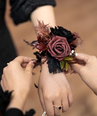 Product: Ling's Moment 6pcs Wedding Wrist Corsage Artificial Flowers, Girl/Mother Homecoming Prom Corsages Wristlet Décor, etc. Black Gothic Burgundy