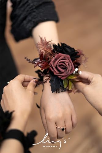 Product: Ling's Moment 6pcs Wedding Wrist Corsage Artificial Flowers, Girl/Mother Homecoming Prom Corsages Wristlet Décor, etc. Black Gothic Burgundy