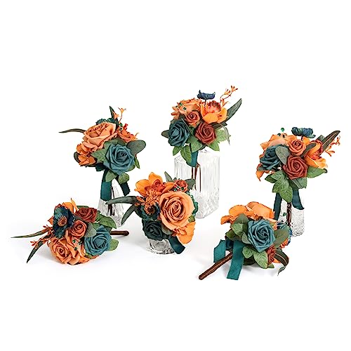 Ling's Moment Daek Teal Blue Wedding Flowers Mini Bridesmaid Bouquets Set of 6 Pre-Made Small Floral Wedding Centerpieces (Daek Teal & Burnt Orange) - Artificial Flower Arrangements Product: Ling's Moment Daek Teal Blue Wedding Flowers Mini Bridesmaid Bouquets Set of 6 Pre-Made Small Floral Wedding Centerpieces (Daek Teal & Burnt Orange)