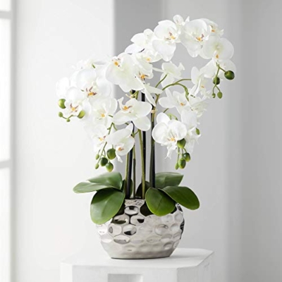 Silky Flower Store Artificial White Phalaenopsis Orchid, Silver Resin Pot, Faux Potted Floral Arrangement, 23in 4 4 Product: Dahlia Studios Potted Faux Artificial Flowers Arrangements Realistic White Phalaenopsis Orchid in Silver Pot Home Decoration Living Room Office Bedroom Bathroom Kitchen Dining Room 23" High