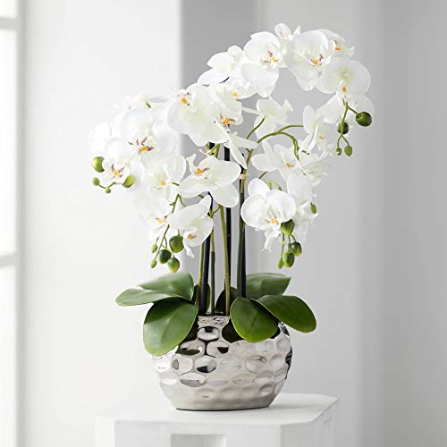 Silky Flower Store Artificial White Phalaenopsis Orchid, Silver Resin Pot, Faux Potted Floral Arrangement, 23in 1 1 Product: Dahlia Studios Potted Faux Artificial Flowers Arrangements Realistic White Phalaenopsis Orchid in Silver Pot Home Decoration Living Room Office Bedroom Bathroom Kitchen Dining Room 23" High