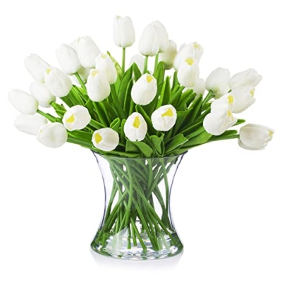 Product: ENOVA FLORAL 40 Heads White Artificial Tulips With Vase, Real Touch Fake Flowers, Floral Arrangement for Dining Table, Home Decoration, Wedding Centerpieces