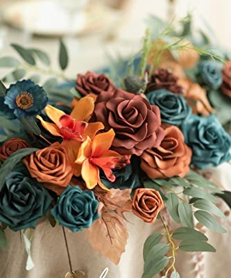 Silky Flower Store Artificial Eucalyptus Rose Flower Garland, Fall Wedding Arch Backdrop Decor, Sweetheart Table Mantel Garland, Teal Orange 9FT 10 10 Product: Ling's Moment 9FT Flower Garland for Backdrop Decoration - Fall Wedding Arch Flowers, Eucalyptus & Rose, Artificial Floral Garland for Mantle - Sweetheart Table Decor for Ceremony, Teal & Orange