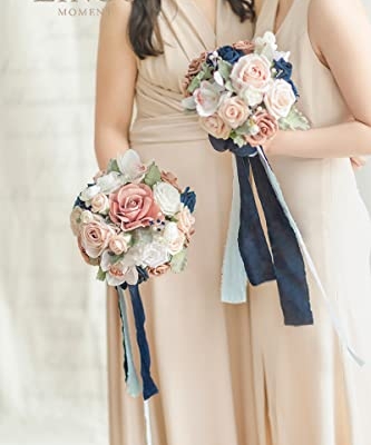 Product: Ling's Moment Artificial Flowers Dusty Rose & Navy Blue Bridesmaid Bouquet Set of 4, Wedding Flowers Bouquets for Bridesmaids, 9'' Maid of Honor Bouquet+7'' Bridesmaids Bouquets x3