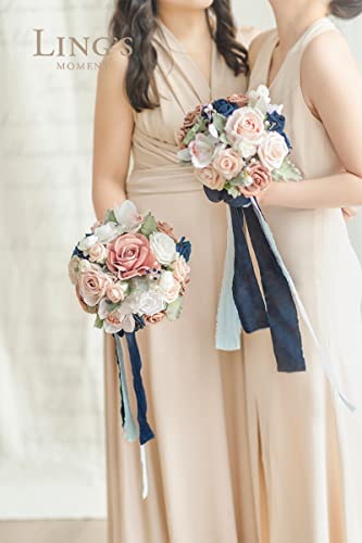 Product: Ling's Moment Artificial Flowers Dusty Rose & Navy Blue Bridesmaid Bouquet Set of 4, Wedding Flowers Bouquets for Bridesmaids, 9'' Maid of Honor Bouquet+7'' Bridesmaids Bouquets x3
