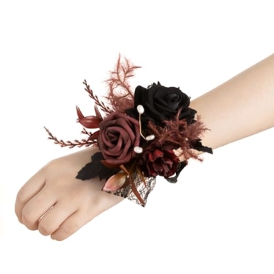 Product: Ling's Moment 6pcs Wedding Wrist Corsage Artificial Flowers, Girl/Mother Homecoming Prom Corsages Wristlet Décor, etc. Black Gothic Burgundy