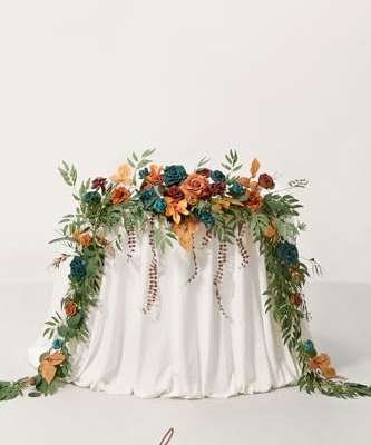 Silky Flower Store Artificial Eucalyptus Rose Flower Garland, Fall Wedding Arch Backdrop Decor, Sweetheart Table Mantel Garland, Teal Orange 9FT 7 7 Product: Ling's Moment 9FT Flower Garland for Backdrop Decoration - Fall Wedding Arch Flowers, Eucalyptus & Rose, Artificial Floral Garland for Mantle - Sweetheart Table Decor for Ceremony, Teal & Orange