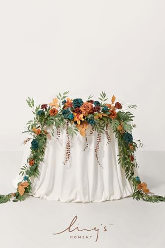 Silky Flower Store Artificial Eucalyptus Rose Flower Garland, Fall Wedding Arch Backdrop Decor, Sweetheart Table Mantel Garland, Teal Orange 9FT 1 1 Product: Ling's Moment 9FT Flower Garland for Backdrop Decoration - Fall Wedding Arch Flowers, Eucalyptus & Rose, Artificial Floral Garland for Mantle - Sweetheart Table Decor for Ceremony, Teal & Orange