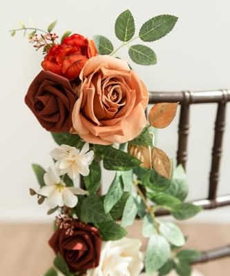 Silky Flower Store Fall Wedding Chair Decorations, Orange Terracotta Artificial Floral Swag, 10pcs Ceremony Aisle Garlands 30 7 7 Product: Ling's Moment Fall Wedding 10pcs Chair Decorations Aisle Floral Swag Artificial Pew Flowers Hanging Garlands Orange Terracotta for Ceremony Reception Church Rose Floral Arrangement Party Outdoor Decor
