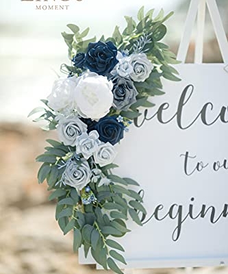 Silky Flower Store Artificial Wedding Welcome Sign Swag, Dusty Blue Navy Rose Eucalyptus Garland, 2pc Ceremony Decor, 32.5cm 8 8 Product: Ling's Moment 2pcs Artificial Welcome Sign Swag Wedding Arch Flowers Decorations Floral Eucalyptus Willow Garland Dusty Blue & Navy Rose Ceremony Party Reception Easel Door Wall Home Entryway Outdoor