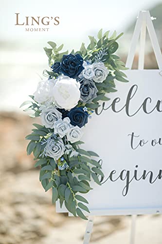 Silky Flower Store Artificial Wedding Welcome Sign Swag, Dusty Blue Navy Rose Eucalyptus Garland, 2pc Ceremony Decor, 32.5cm 2 2 Product: Ling's Moment 2pcs Artificial Welcome Sign Swag Wedding Arch Flowers Decorations Floral Eucalyptus Willow Garland Dusty Blue & Navy Rose Ceremony Party Reception Easel Door Wall Home Entryway Outdoor