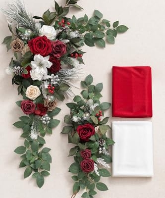Silky Flower Store Christmas Artificial Wedding Arch Flowers Kit, Hanging Floral Swags, Chiffon Drapes, Ceremony Backdrop, 5ft W x 6.5ft H Arch 12 12 Product: Ling's Moment Christmas Artificial Wedding Arch Flowers Kit Pack of 4, 2pcs Hanging Flower Arrangement 2pcs Chiffon Drapes Ceremony Reception Fake Rose Arbor Backdrop Floral Party Outdoor Decorations