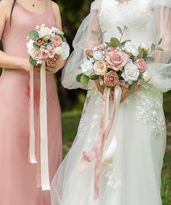Silky Flower Store Dusty Rose Bridesmaid Bouquet Set of 4, Artificial Silk Wedding Flowers, BENCENTRE, 7 Inch 9 9 Product: BENCENTRE 7 Inch Dusty Rose Bridesmaid Bouquet for Wedding, Set of 4, Small Wedding Bouquet,for Marriage Proposal Party and Vintage Wedding Ceremony Anniversary,Artificial Flowers