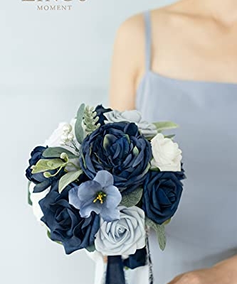 Product: Ling's Moment Blue and White Artificial Flowers Bridesmaid Bouquet Set of 4, Navy Blue and White Wedding Flowers Bouquets for Bridesmaids, 7 Inch Bridal Bouquets for Bridesmaids, Wedding, Ceremony