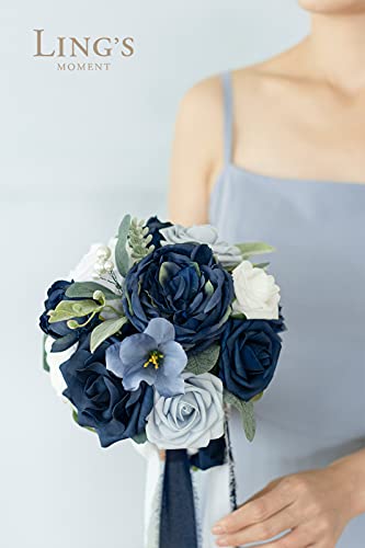 Product: Ling's Moment Blue and White Artificial Flowers Bridesmaid Bouquet Set of 4, Navy Blue and White Wedding Flowers Bouquets for Bridesmaids, 7 Inch Bridal Bouquets for Bridesmaids, Wedding, Ceremony