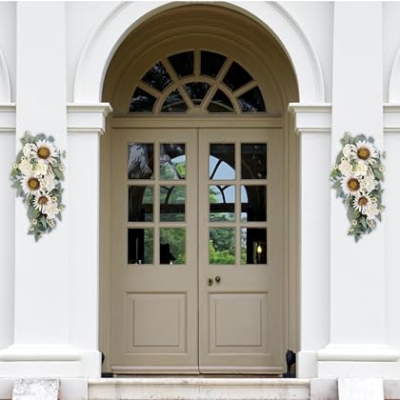 Silky Flower Store Artificial Sunflower Peony Rose Teardrop Wreath, White Floral Swag, Indoor Outdoor Door Wall Decor, 28in 13 13 Product: 2-Pcs Spring Summer Floral Teardrop Swags - 28” Artificial Sunflower, Peony, Rose Teardrop Wreath for Door, Wall, Window - White Floral Arrangement for Home Decor