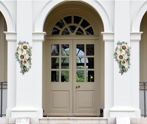 Silky Flower Store Artificial Sunflower Peony Rose Teardrop Wreath, White Floral Swag, Indoor Outdoor Door Wall Decor, 28in 4 4 Product: 2-Pcs Spring Summer Floral Teardrop Swags - 28” Artificial Sunflower, Peony, Rose Teardrop Wreath for Door, Wall, Window - White Floral Arrangement for Home Decor