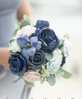 Product: Ling's Moment Blue and White Artificial Flowers Bridesmaid Bouquet Set of 4, Navy Blue and White Wedding Flowers Bouquets for Bridesmaids, 7 Inch Bridal Bouquets for Bridesmaids, Wedding, Ceremony