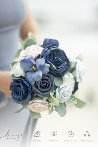 Product: Ling's Moment Blue and White Artificial Flowers Bridesmaid Bouquet Set of 4, Navy Blue and White Wedding Flowers Bouquets for Bridesmaids, 7 Inch Bridal Bouquets for Bridesmaids, Wedding, Ceremony