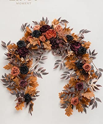 Silky Flower Store Eucalyptus Rose Flower Garland, Black Burnt Orange Faux Silk Wedding Arch Decor, 6ft 12 12 Product: Ling's Moment Flower Garland - 6FT Eucalyptus & Rose - Sweetheart Table Decor for Wedding Reception, Artificial Floral Garland for Mantle, Thanksgiving, Christmas Decoration, Black & Burnt Orange