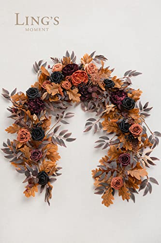 Silky Flower Store Eucalyptus Rose Flower Garland, Black Burnt Orange Faux Silk Wedding Arch Decor, 6ft 5 5 Product: Ling's Moment Flower Garland - 6FT Eucalyptus & Rose - Sweetheart Table Decor for Wedding Reception, Artificial Floral Garland for Mantle, Thanksgiving, Christmas Decoration, Black & Burnt Orange