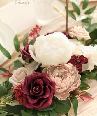 Silky Flower Store Eucalyptus Rose Artificial Flower Garland Sweetheart Table Decor, 6FT 13.75in Wide x 3.5in Tall 7 7 Product: Ling's Moment Flower Garland - 6FT Eucalyptus & Rose - Sweetheart Table Decor for Wedding Reception, Artificial Floral Garland for Mantle, Thanksgiving, Christmas Decoration, Marsala