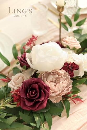 Silky Flower Store Eucalyptus Rose Artificial Flower Garland Sweetheart Table Decor, 6FT 13.75in Wide x 3.5in Tall 1 1 Product: Ling's Moment Flower Garland - 6FT Eucalyptus & Rose - Sweetheart Table Decor for Wedding Reception, Artificial Floral Garland for Mantle, Thanksgiving, Christmas Decoration, Marsala