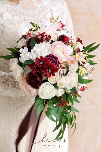 Product: Ling's Moment Burgundy Bridal Bouquet for Bride, 13 Inch Romantic Marsala Wedding Bouquets for Bride, Silk Round Artificial Wedding Flowers Bouquets