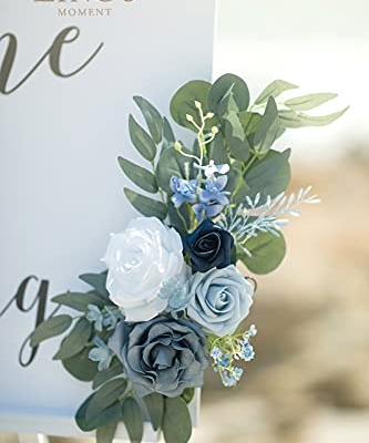 Silky Flower Store Artificial Wedding Welcome Sign Swag, Dusty Blue Navy Rose Eucalyptus Garland, 2pc Ceremony Decor, 32.5cm 9 9 Product: Ling's Moment 2pcs Artificial Welcome Sign Swag Wedding Arch Flowers Decorations Floral Eucalyptus Willow Garland Dusty Blue & Navy Rose Ceremony Party Reception Easel Door Wall Home Entryway Outdoor