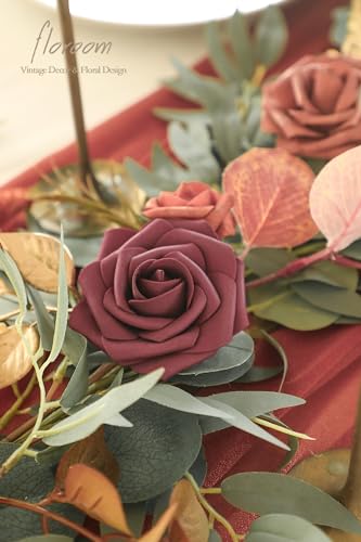 Silky Flower Store Artificial Eucalyptus Garland with Flowers, Burnt Orange Terracotta Faux Floral Table Runner, 6ft 3 3 Product: Floroom 6ft Artificial Eucalyptus Garland with Flowers Fake Greenery Burnt Orange Faux Floral Vine Garland for Table Decor Wedding Centerpieces Bridal Shower Party Decorations, Terracotta