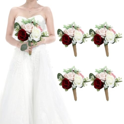 Product: HOMENERGY Set of 4 Bridesmaid Bouquets for Wedding - 7 Inch Artificial Flowers Bouquets for Ceremony Anniversary Centerpieces Decorations - Burgundy & Blush