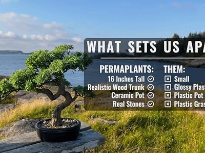 Product: Permaplants Artificial Bonsai Tree 16" Tall with Realistic Wood and Ceramic Pot Fake Plants Juniper Pine Zen Faux Plants for Home Bedroom Office Bathroom Japanese Decor