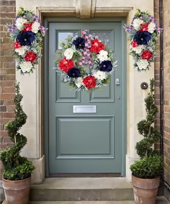 Silky Flower Store Patriotic Teardrop Wreath, Red White Blue Summer Floral Swag, USA Flag Bow, Artificial Front Door Decor, 28in 14 14 Product: 4th of July Patriotic Swag - Red White Blue Summer Floral Swag with USA Flag Printed Bow - Artificial Flower Teardrop Wreath - American Summer Home Decor for Frong Door Porch Wall