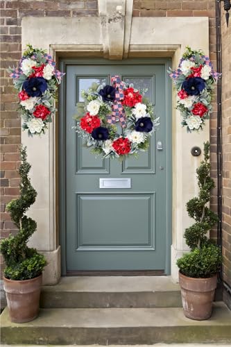 Silky Flower Store Patriotic Teardrop Wreath, Red White Blue Summer Floral Swag, USA Flag Bow, Artificial Front Door Decor, 28in 5 5 Product: 4th of July Patriotic Swag - Red White Blue Summer Floral Swag with USA Flag Printed Bow - Artificial Flower Teardrop Wreath - American Summer Home Decor for Frong Door Porch Wall