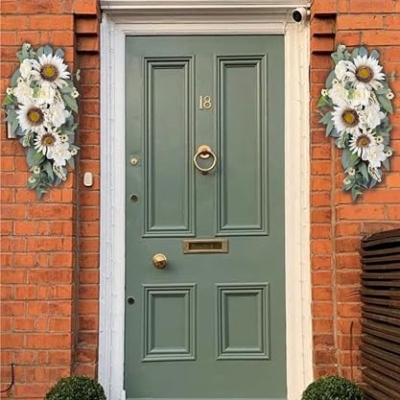 Silky Flower Store Artificial Sunflower Peony Rose Teardrop Wreath, White Floral Swag, Indoor Outdoor Door Wall Decor, 28in 17 17 Product: 2-Pcs Spring Summer Floral Teardrop Swags - 28” Artificial Sunflower, Peony, Rose Teardrop Wreath for Door, Wall, Window - White Floral Arrangement for Home Decor
