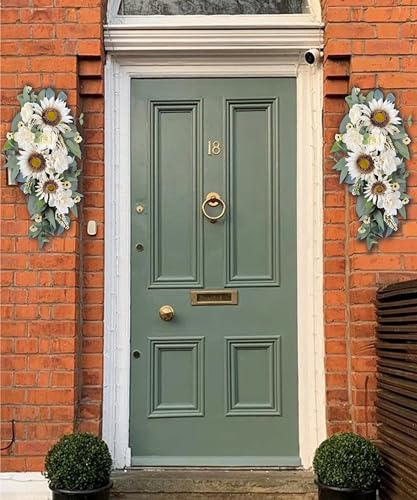 Silky Flower Store Artificial Sunflower Peony Rose Teardrop Wreath, White Floral Swag, Indoor Outdoor Door Wall Decor, 28in 8 8 Product: 2-Pcs Spring Summer Floral Teardrop Swags - 28” Artificial Sunflower, Peony, Rose Teardrop Wreath for Door, Wall, Window - White Floral Arrangement for Home Decor