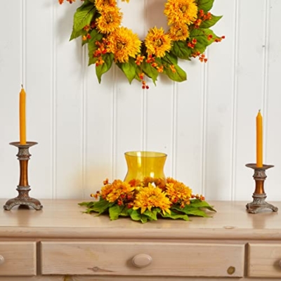 Product: Nearly Natural Golden Sunflower Candelabrum Silk Flower Arrangement