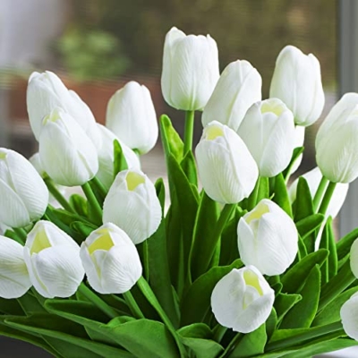 Product: ENOVA FLORAL 40 Heads White Artificial Tulips With Vase, Real Touch Fake Flowers, Floral Arrangement for Dining Table, Home Decoration, Wedding Centerpieces