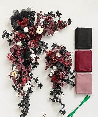 Silky Flower Store Wedding Arch Flowers Kit Black Burgundy Sheer Drapes, 5 Piece Faux Floral Backdrop Set, Reusable Event Decor, 32.5cm 12 12 Product: Ling's Moment Wedding Arch Flowers with Sheer Drapes Kit - Artificial Black and Burgundy Floral Arrangements for Ceremony Backdrop, Arbor Decor, 5-Piece Set (2 Flower Stems + 3 Hanging Drapes)