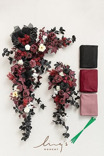 Silky Flower Store Wedding Arch Flowers Kit Black Burgundy Sheer Drapes, 5 Piece Faux Floral Backdrop Set, Reusable Event Decor, 32.5cm 5 5 Product: Ling's Moment Wedding Arch Flowers with Sheer Drapes Kit - Artificial Black and Burgundy Floral Arrangements for Ceremony Backdrop, Arbor Decor, 5-Piece Set (2 Flower Stems + 3 Hanging Drapes)