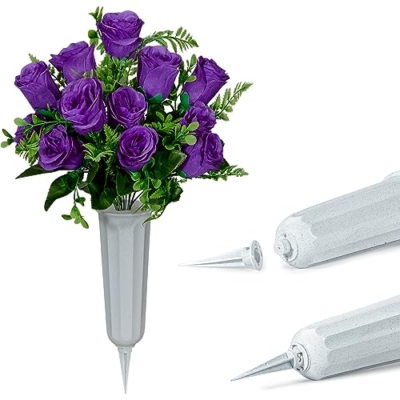 Silky Flower Store Artificial Cemetery Flowers with Vase, White Rose Bouquet Grave Memorial Flowers, Set of 2, Purple, Self Assembled, 45cm 8 8 Product: Artificial Cemetery Flowers with Vase, Artificial White Rose Bouquet Grave Memorial Flowers for Cemetery Headstones Decoration, (Set of 2, Purple), Self-assemble