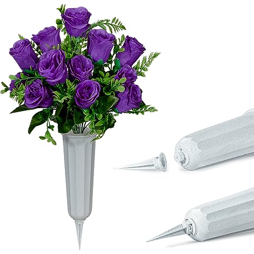 Silky Flower Store Artificial Cemetery Flowers with Vase, White Rose Bouquet Grave Memorial Flowers, Set of 2, Purple, Self Assembled, 45cm 2 2 Product: Artificial Cemetery Flowers with Vase, Artificial White Rose Bouquet Grave Memorial Flowers for Cemetery Headstones Decoration, (Set of 2, Purple), Self-assemble