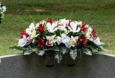 Product: Sympathy Silks Artificial Cemetery Flowers – Realistic Vibrant Tulips, Outdoor Grave Decorations - 30" Red Tulip White Iris Saddle for Headstone