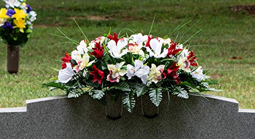 Product: Sympathy Silks Artificial Cemetery Flowers – Realistic Vibrant Tulips, Outdoor Grave Decorations - 30" Red Tulip White Iris Saddle for Headstone
