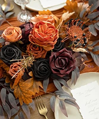 Silky Flower Store Eucalyptus Rose Flower Garland, Black Burnt Orange Faux Silk Wedding Arch Decor, 6ft 11 11 Product: Ling's Moment Flower Garland - 6FT Eucalyptus & Rose - Sweetheart Table Decor for Wedding Reception, Artificial Floral Garland for Mantle, Thanksgiving, Christmas Decoration, Black & Burnt Orange