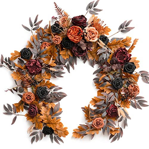 Ling's Moment Flower Garland - 6FT Eucalyptus & Rose - Sweetheart Table Decor for Wedding Reception, Artificial Floral Garland for Mantle, Thanksgiving, Christmas Decoration, Black & Burnt Orange - Artificial Flower Arrangements Product: Ling's Moment Flower Garland - 6FT Eucalyptus & Rose - Sweetheart Table Decor for Wedding Reception, Artificial Floral Garland for Mantle, Thanksgiving, Christmas Decoration, Black & Burnt Orange